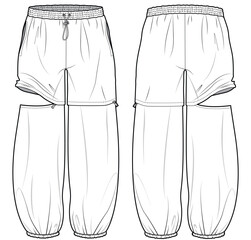 unisex drawstring elastic waist convertible trouser flat sketch vector illustration active pant front and back view technical cad drawing template