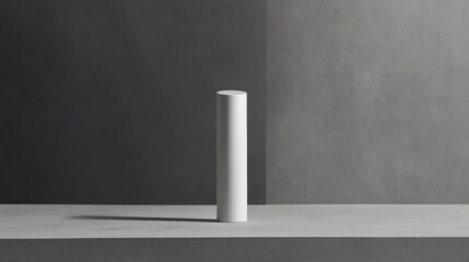 Minimalist white cylinder on a gray surface with contrasting backgrounds creating a sleek and modern aesthetic