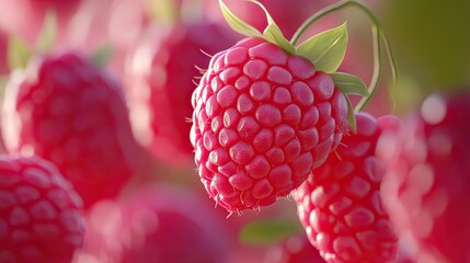 Branch of ripe raspberries in fruit garden. Red sweet berries and green leaves. Nature background....