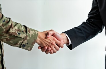 Soldier civilian shake hands agreement. Military man in uniform meets businessman. Teamwork cooperation deal. Partnership success. National defense. Job employment. Veteran support. Army service.