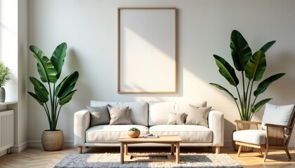Modern living room interior design features white sofa wooden coffee table armchair large empty poster frame, tropical plants. Sunlight brightens room. Minimalist contemporary style home decor.