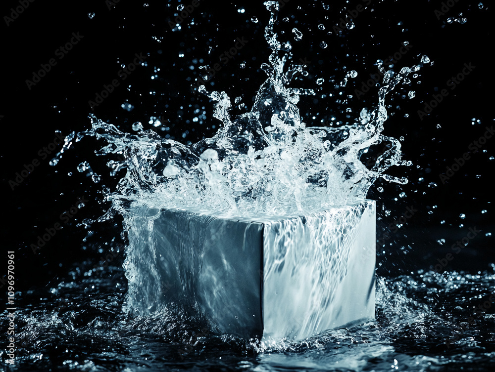 Poster water splashes dramatically around a metallic cube dropped into a dark pool at night