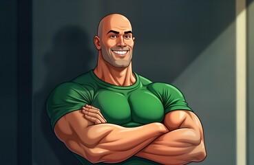 Smiling bald muscular man athlete. Strong guy in green tshirt. Arms crossed. Happy sportsman. Fitness bodybuilder. Healthy lifestyle. Wellness. Positive energy. Sport motivation.