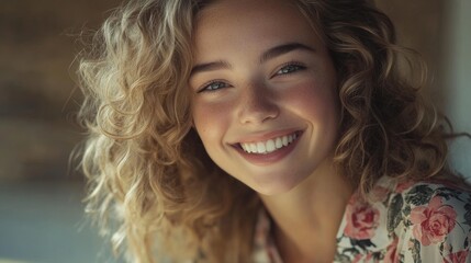 Fototapeta premium Joyful young woman with curly hair smiles warmly in a natural setting during daylight hours