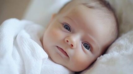 An infant looks at the camera with eyes wide open. Innocence and curiosity. Illustration for postcard, post card, interior design, etc.