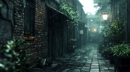 Fototapeta premium Rainy, atmospheric cobblestone alleyway with brick buildings and lush greenery.