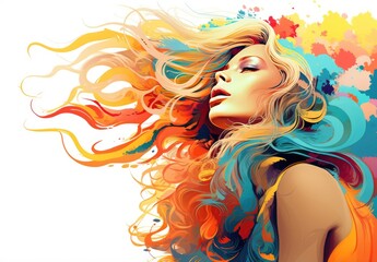 Portrait of a girl with long curly hair in drawing style. Natural Beauty. The concept of expressing bright joyful emotions. Energy of youth. Illustration for cover, postcard, card or print.