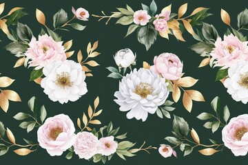 Fototapeta premium Watercolor Seamless Border Design with Green Gold Foliage White Flowers Peonies Roses and Branches for Wedding Invitations and Greeting Cards