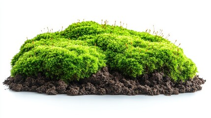A lush green moss mound on dark soil, showcasing natural beauty and ecological balance.