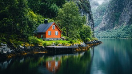 Obraz premium A serene orange cabin by a tranquil lake surrounded by lush greenery and mountains.