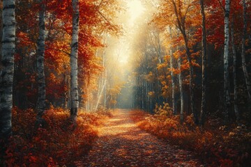 A serene forest path illuminated by autumn colors and soft sunlight.