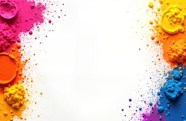 Vibrant Holi festival invitation mockup. Blank white space for text. Colorful powder splashes frame design. Perfect for event marketing. Ideal for graphic designers needing templates. Attracts