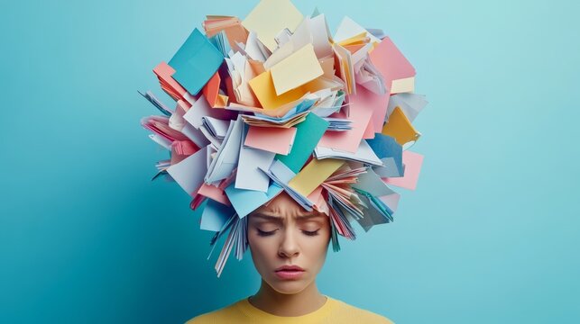Creative hairstyle experiment featuring colorful sticky notes on a woman’s head against a blue background