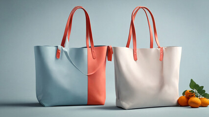 Tote Bag Set  Pastel Blue and Peach Leather