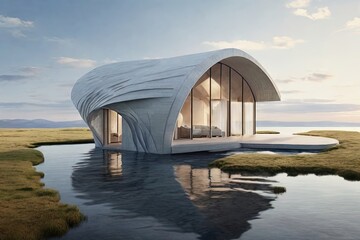 Wooden bridge spanning the tranquil river, a picturesque landscape against the serene sky