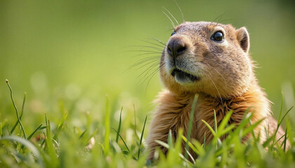 Fototapeta premium Curious Prairie Dog with Alert Expression Peeking from Grass against Blurred Green Background