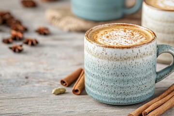 Aromatic coffee or tea with cinnamon and cardamom on rustic wooden table