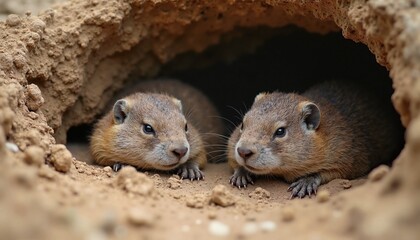 Naklejka premium Curious prairie dogs peeking from their burrow against earthy background
