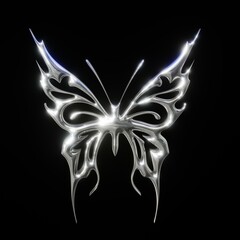 3d chrome metal of y2k butterfly icon. 3d rendering illustration of abstract neo tribal cyber sigil metallic melted modern burn form. 3D Illustration