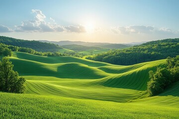 Fototapeta premium breathtaking landscape showcasing a serene nature scene with rolling hills, greenery, and a clear blue sky, inviting viewers to experience peaceful outdoor beauty