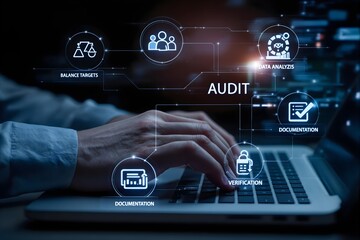 Business Audit Concept. Professional conducting a business audit using a laptop with a virtual interface displaying audit and compliance icons data analysis, financial evaluation, standard verificatio