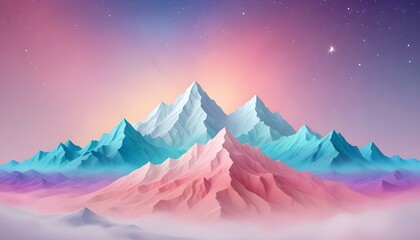 Paisaje Montañoso Abstracto Montañas con formas suaves y colores no convencionales, como tonos pastel o degradados vibrantes, bajo un cielo irreal con estrellas brillantes y nebulosas 