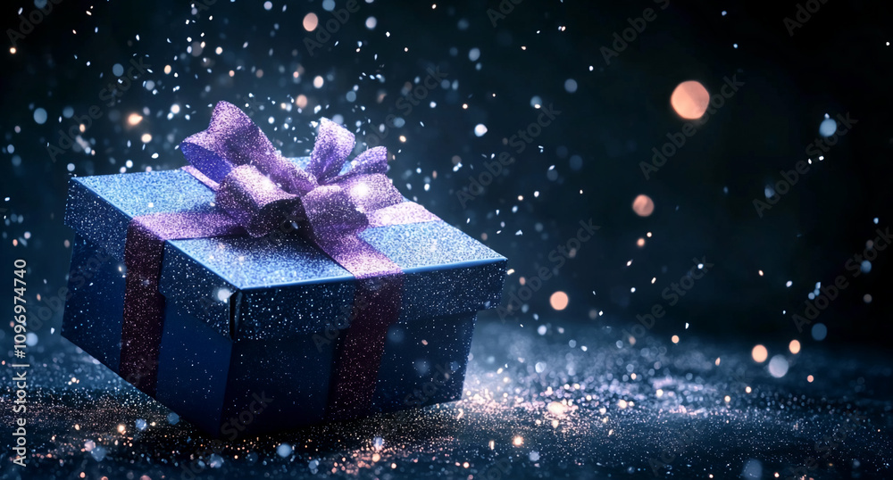 Poster sparkling gift box surrounded by shimmering lights and festive atmosphere on a dark background