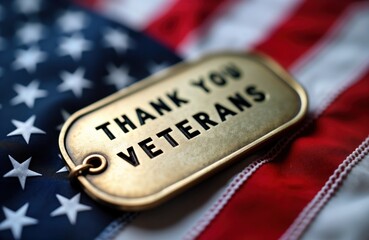 Closeup of military dog tag on US flag. Tag reads Thank Veterans. Patriotic image ideal for Veterans Day Memorial Day. Shows gratitude army soldier service. Perfect for military campaign. Honoring