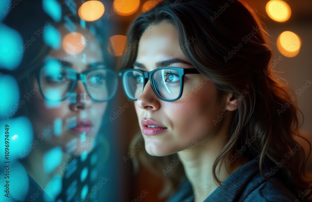 Poster Woman programmer looks at digital screen. Girl in glasses works late at night. Female analyzes data. Modern tech office. Businesswoman uses computer. Software developer at workplace. Cybersecurity