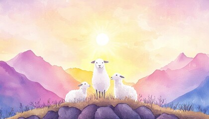 Obraz premium Three sheep stand on a rocky hill under a colorful sunset in a serene mountain landscape.