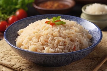 A steaming bowl of white rice topped with savory chicken, a hearty and healthy meal