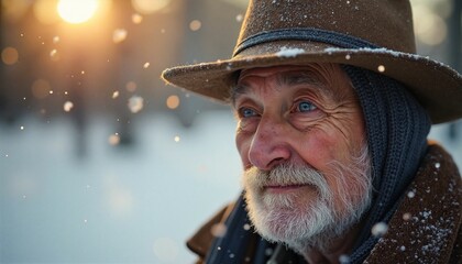 Elderly man with contemplative expression gazing at snowy winter scene