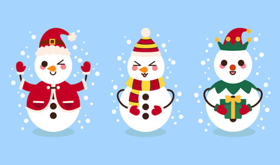 Cute snowman sets vector illustration, Happy snowmans in scarf and hat flat style