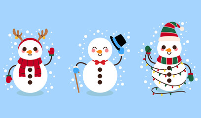 Cute snowman sets vector illustration, Happy snowmans in scarf and hat flat style