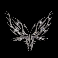 Fototapeta premium 3d chrome metal of y2k butterfly icon. Flame butterfly tattoo shape in liquid mercury. 3d rendering illustration of abstract neo tribal cyber sigil metallic