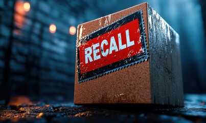 A cardboard box with a bold "RECALL" label, set in a dimly lit environment, evoking themes of urgency and caution.