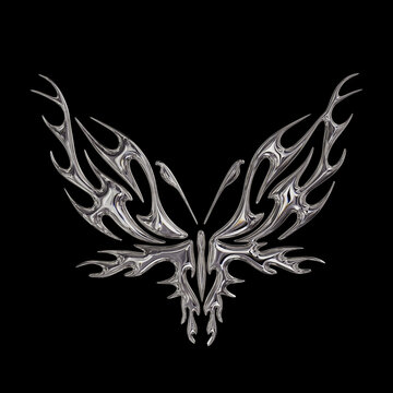 3d chrome metal of y2k butterfly icon. Flame butterfly tattoo shape in liquid mercury. 3d rendering illustration of abstract neo tribal cyber sigil metallic