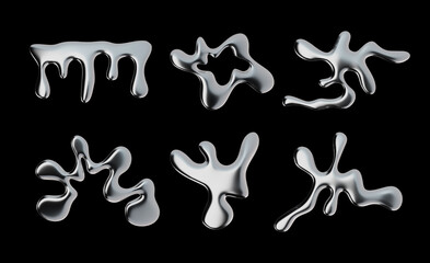 3d chrome liquid shapes, metallic fluid bubbles isolated on black background. Render of 3d abstract, futuristic metal blob.