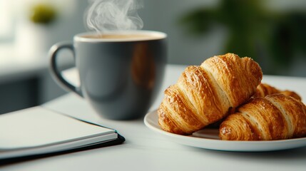 Steaming coffee and fresh croissants creating a cozy breakfast scene
