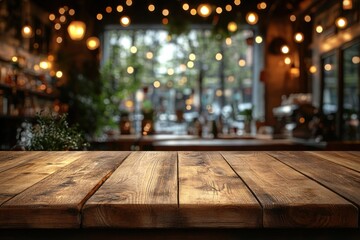 Wooden table in a cozy café setting. Blurred background with warm lights and a welcoming atmosphere. Ideal for banners with text placement.