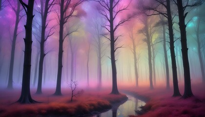 Obraz premium Un paisaje forestal con árboles altos y frondosos en tonos iridiscentes, acompañado de una atmósfera mística con niebla colorida y luces flotantes.