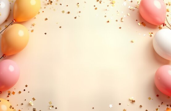 Peach pink white balloons confetti border. Blank space for text. Party invitation design. Festive background. Warm color palette. Celebration mockup. Perfect farewell party. Trendy graphic. Birthday