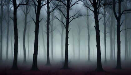 Obraz premium Un paisaje forestal con árboles altos y frondosos en tonos iridiscentes, acompañado de una atmósfera mística con niebla colorida y luces flotantes.