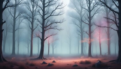 Obraz premium Un paisaje forestal con árboles altos y frondosos en tonos iridiscentes, acompañado de una atmósfera mística con niebla colorida y luces flotantes.