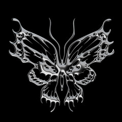 3d chrome metal of y2k butterfly icon. Flame butterfly tattoo shape in liquid mercury. 3d rendering illustration of abstract neo tribal cyber sigil metallic