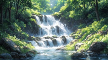 Serene Waterfall in Lush Forest