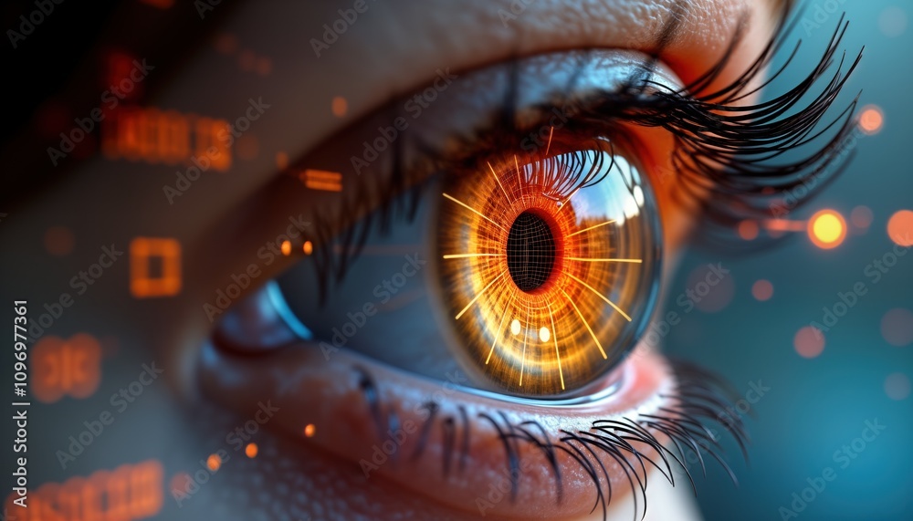 Aufkleber Futuristic eye scanner visualizes digital data network. Iris reflects advanced tech. Cyber security eyeball macro. Global surveillance system. Biometric authentication. Privacy concept. Artificial