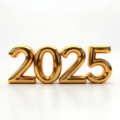 Shiny gold 2025 numerals on white backdrop. New Year celebration design. Festive holiday decoration. Perfect for cards invitations posters. Happy New Year concept.