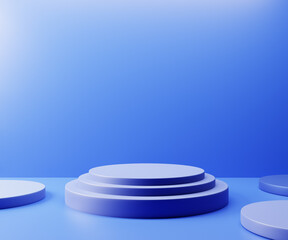3D abstract blue studio room with pedestal podium. Minimal scene for demonstration of cosmetic products, Showcase, Promotion display.