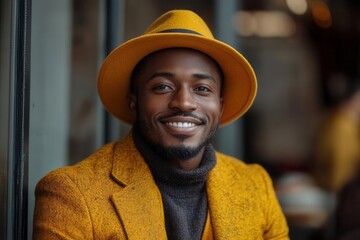 bright, modern studio space featuring a man showcasing confidence and pride in fashionable attire. the positive energy radiates through the cheerful expression against a gray background